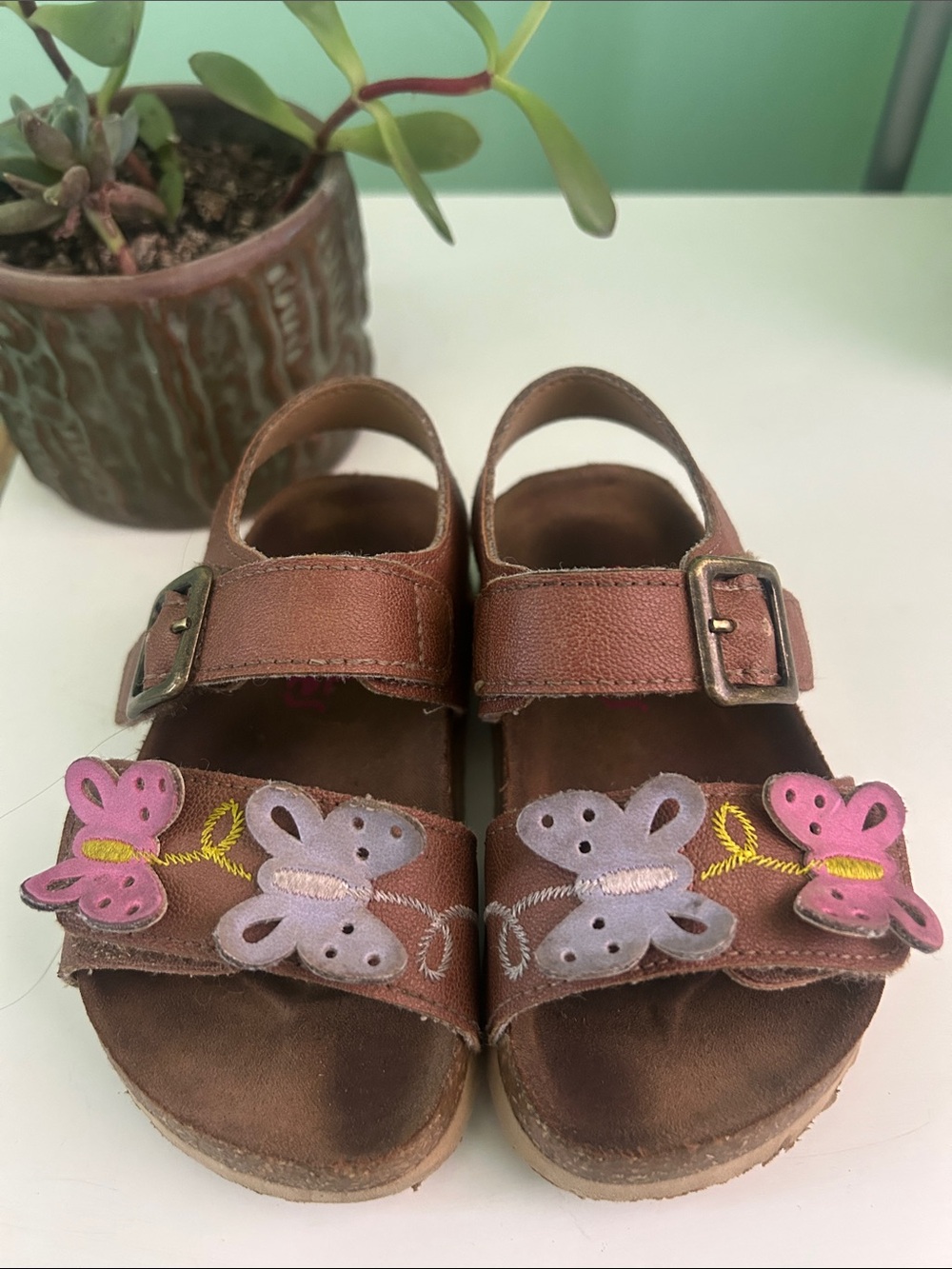 Brown Kids Sandals with Pink & Purple Butterfly Appliques